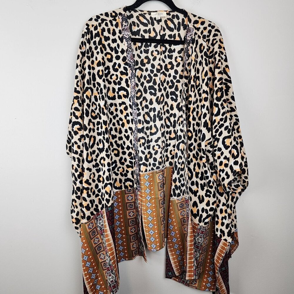 Umgee USA sz M / L women open front cardigan duster tassels Animal print boho